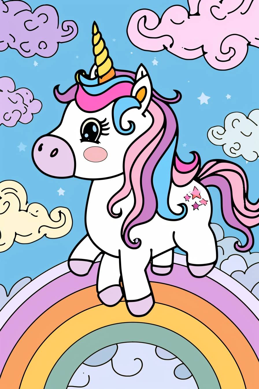 Simple coloring book for kids to color, featuring a little cute unicorn standing on a rainbow surrounded by clouds