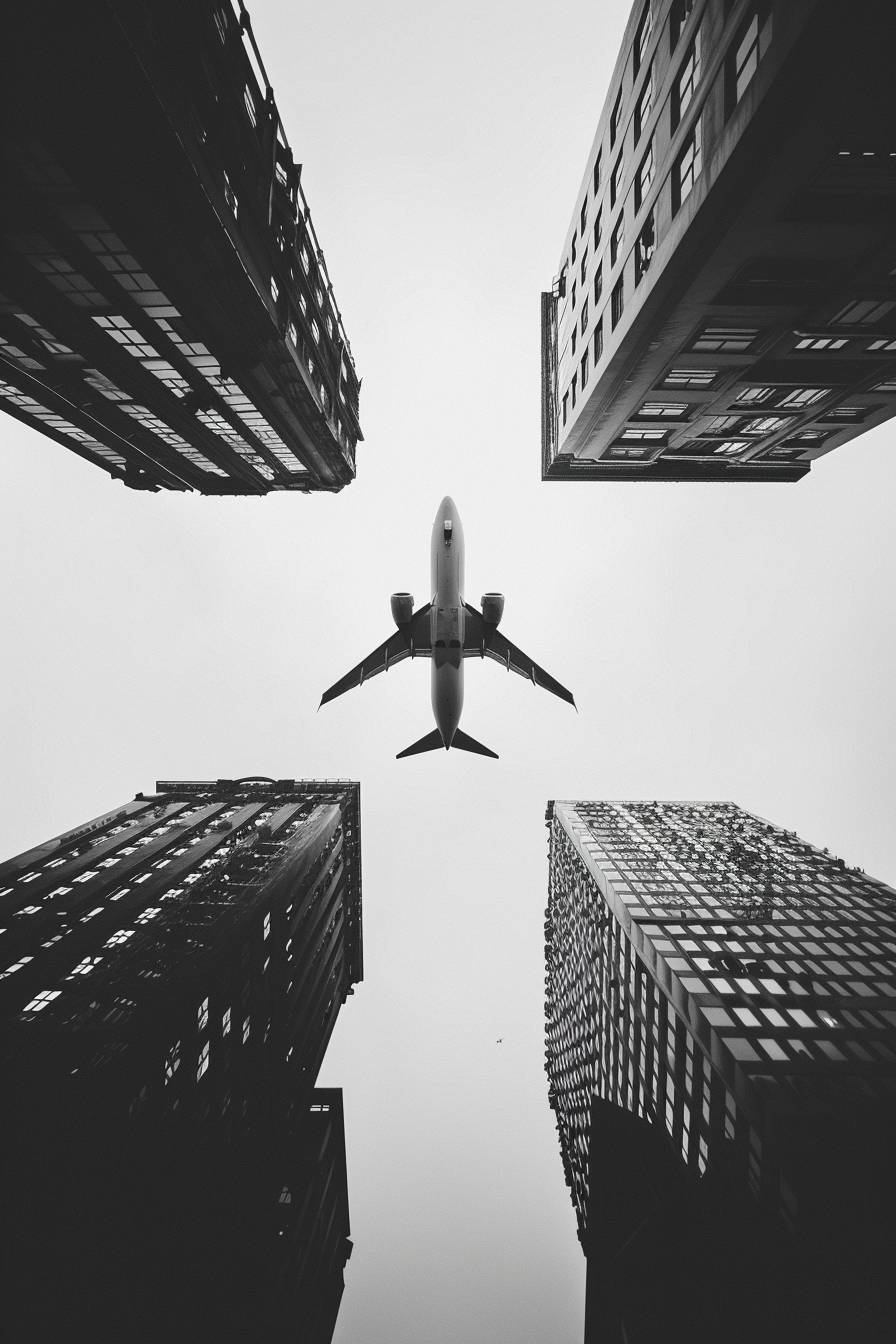 Bottom view of a city, a plane passing over a clear sky, black and white photography, focusing on details
