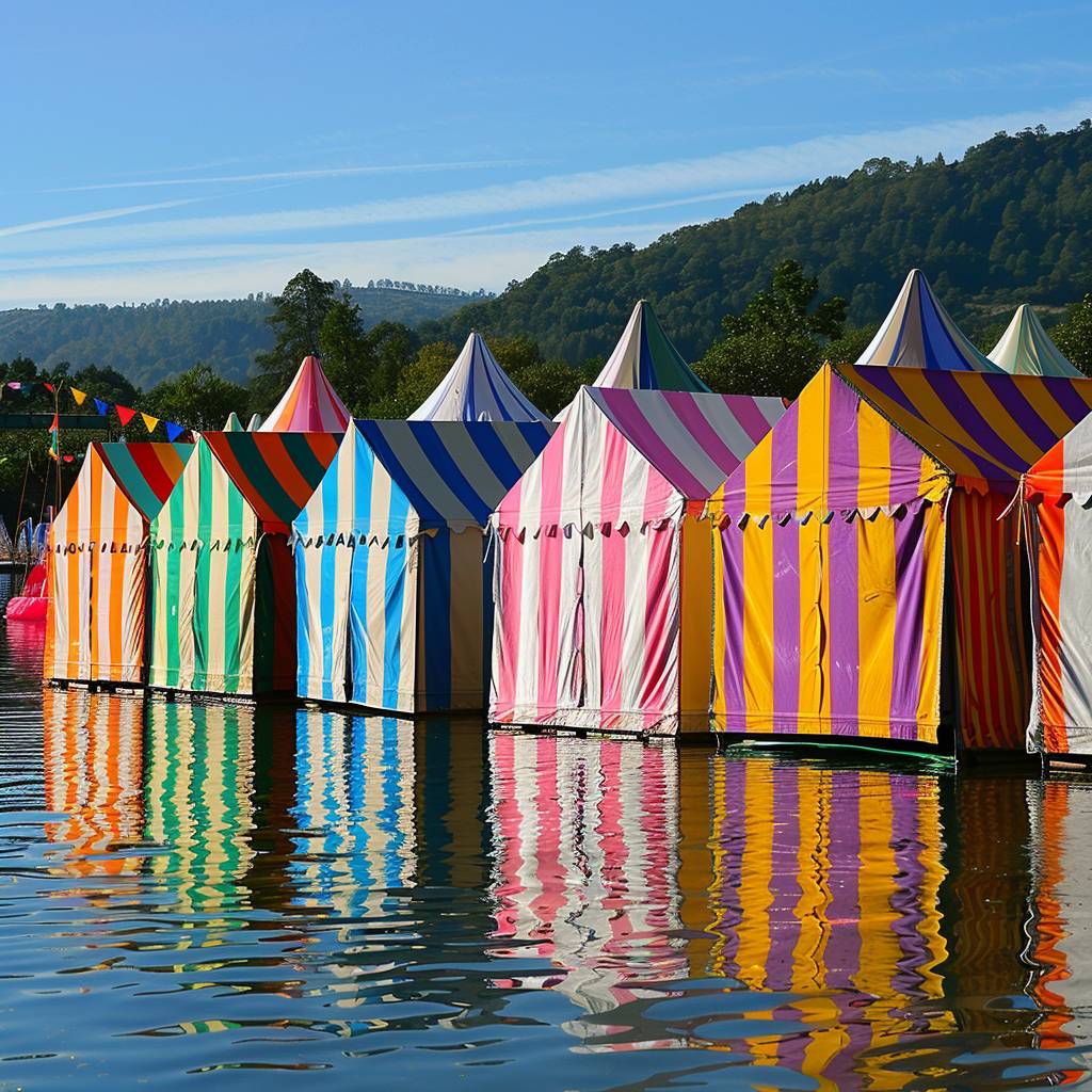 Festival camping tents near water by Daniel Buren, vivid colors by Daniel Buren