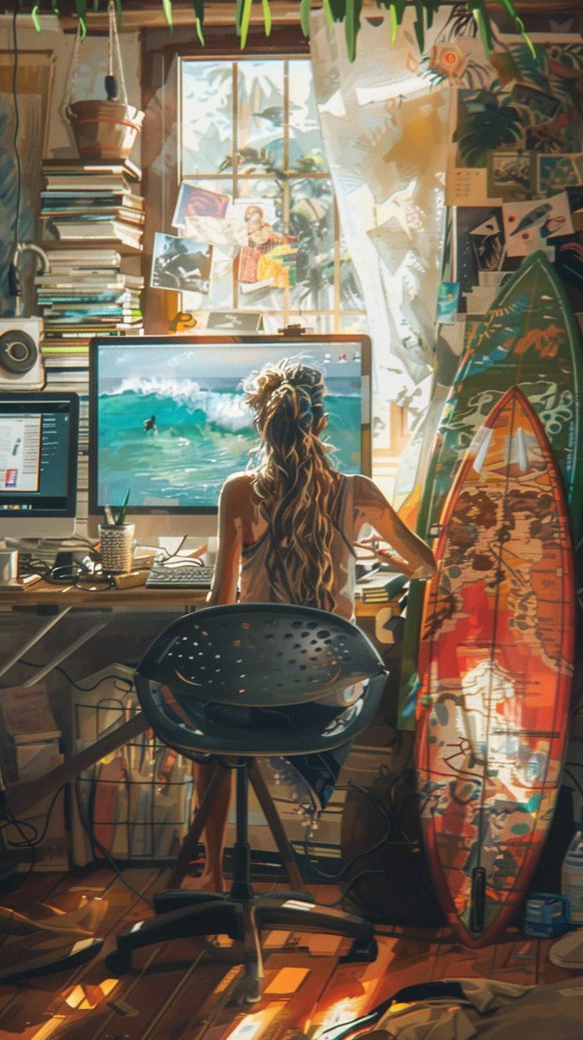 A surfer women room, the girl sits with her back to the frame and occupies one-third of the left side of the screen, working on a computer, In the other two thirds there is a surfboard next to her on the right side