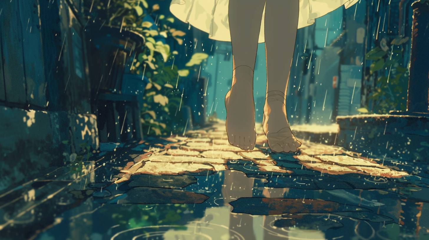 A focus on the feet of a ballet dancer tip-toeing through puddles on a cobblestone street, her grace juxtaposed with the rugged, wet environment, rainwater reflecting her every move. In the style of Makoto Shinkai.