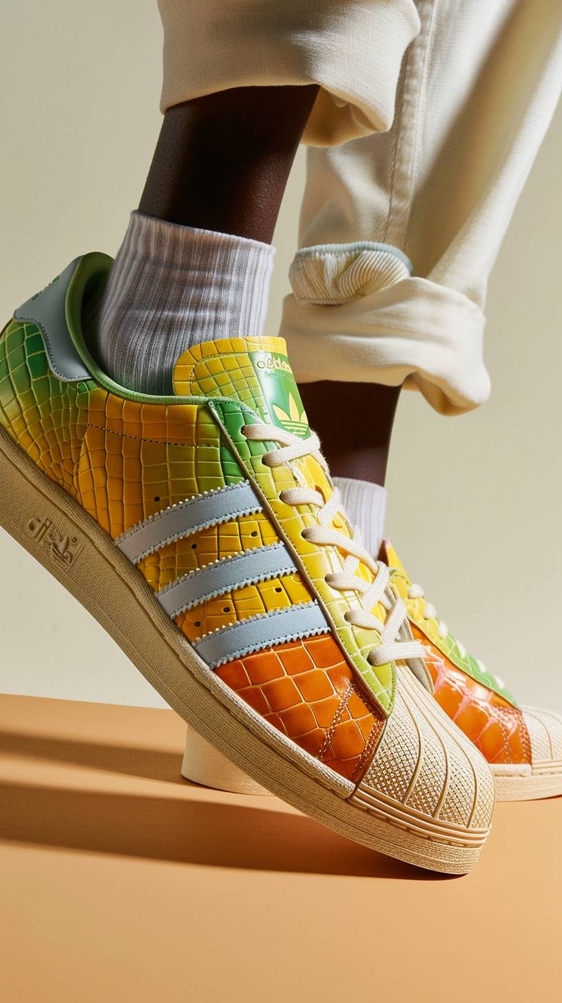 Adidas Originals nappa leather equestrian formal riding dress sneakers in collaboration with Hermes, made of natural colors ivory yellow background, shaded and gradient pastel brown blue green orange yellow color effect croc print and adidas three stripes on the side, inspired by a boy friend for life scifi NFT render symmetrical composition on top view, worn in the style of one hand model holding them from behind wearing an oversized white sweater while walking in landscape.