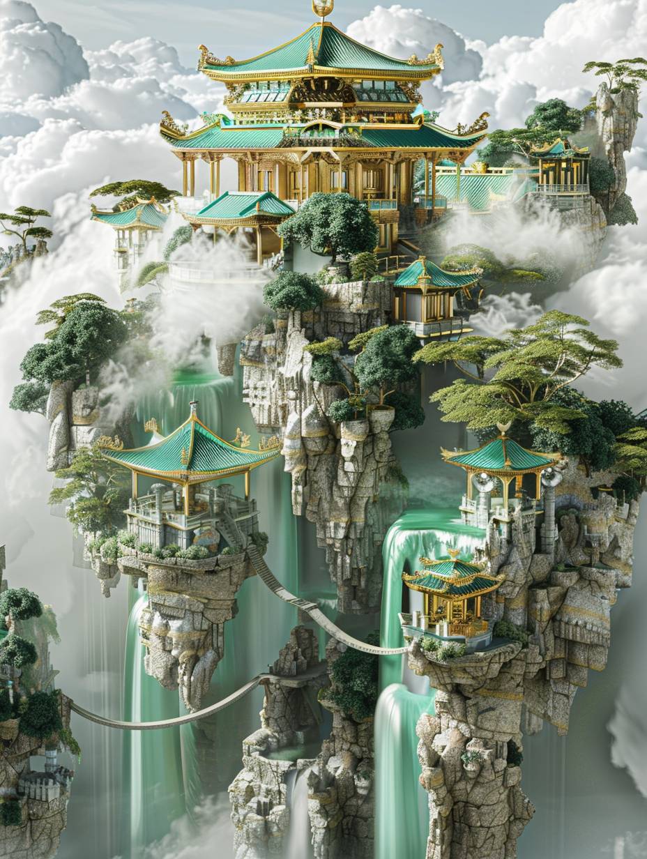 3D rendering of a floating island with architecture in the Chinese style, clouds and trees. The color scheme is mint green, white and gold. In the center there is an open space where you can see another small world inside. This world has waterfalls and bridges made from vines hanging between them. It creates a surreal atmosphere that emphasizes its ethereal beauty.