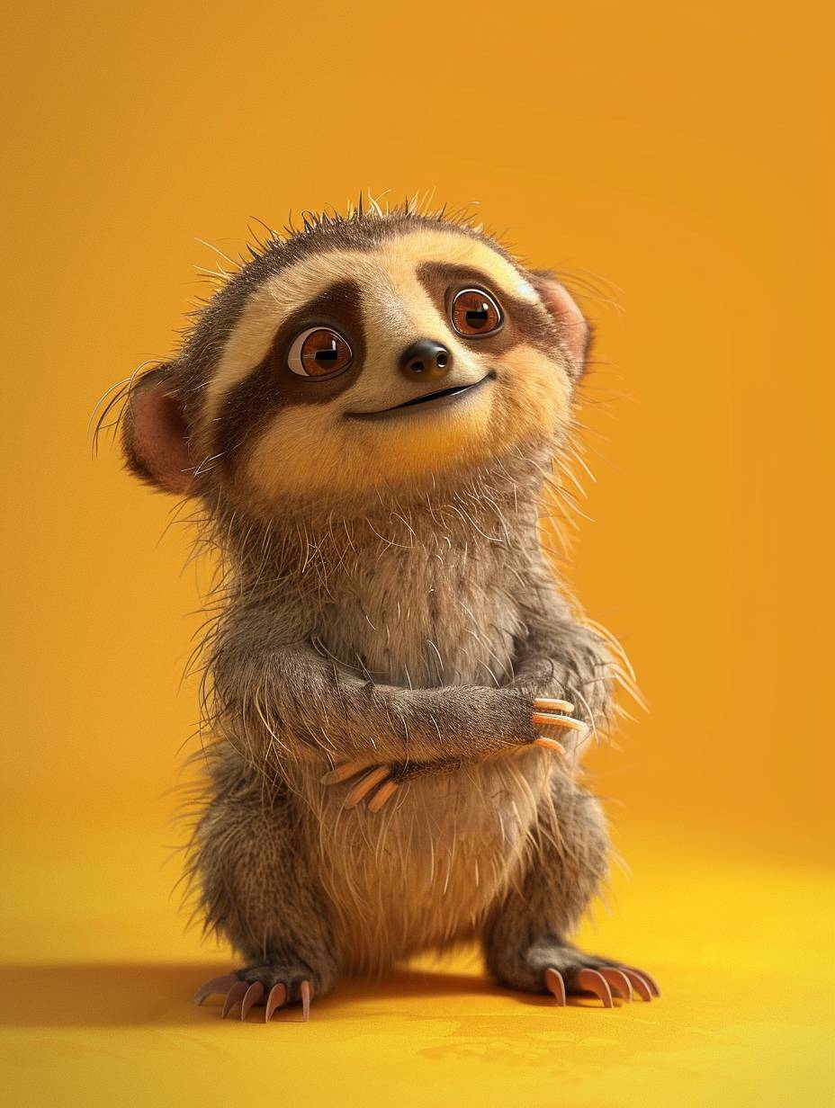 Baby sloth looking up, backside, full body standing on the floor, yellow background, 2D cartoons, Pixar style