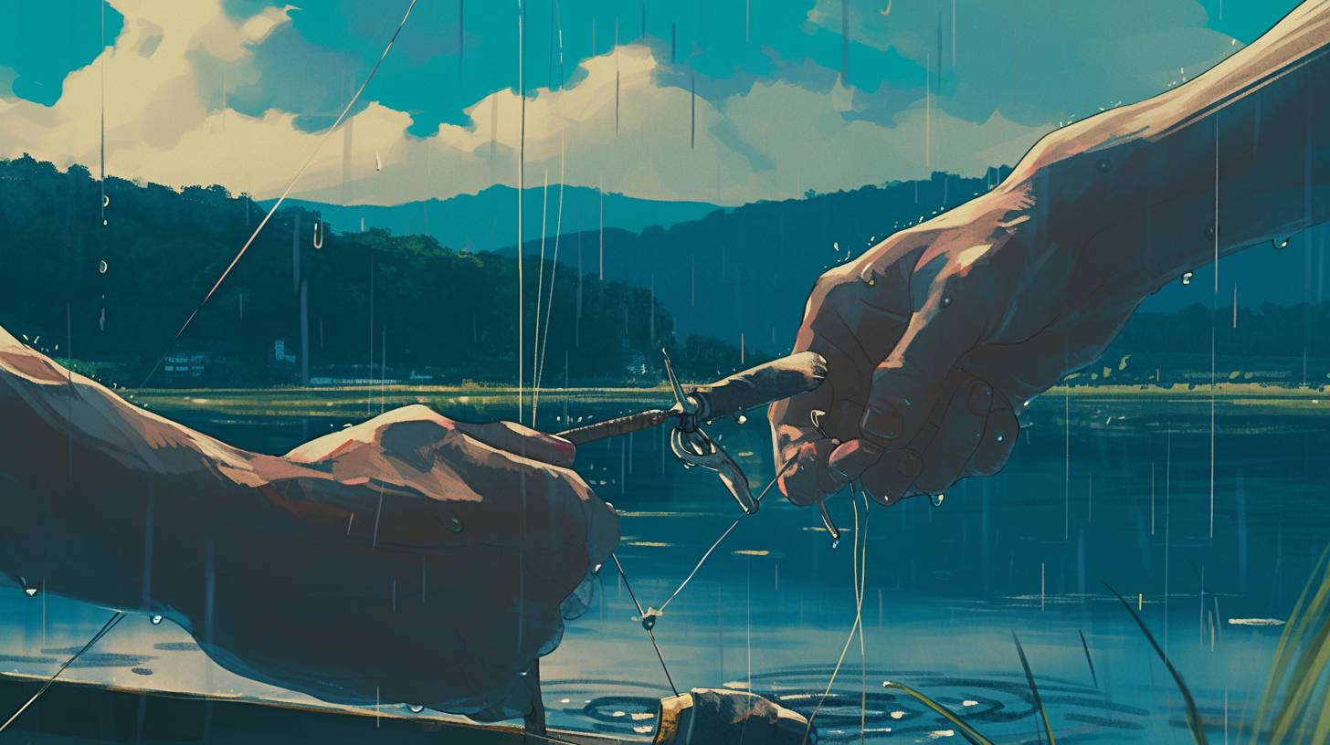 A close-up of a fisherman’s hands tying a lure under a drizzly sky, the raindrops hitting the surface of the lake around his boat, focusing on the tactile interaction of fingers, water, and fishing line, in the style of Makoto Shinkai --Rainbow 6 --Aspect Ratio 16:9.