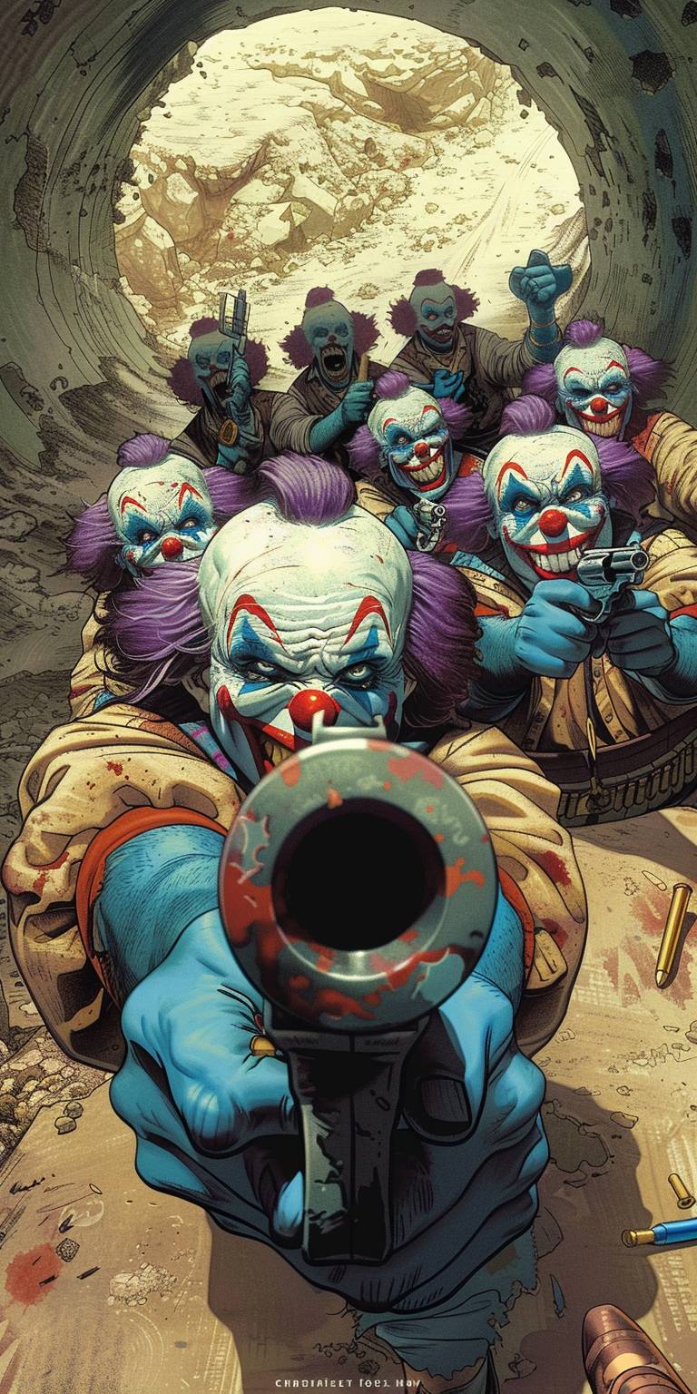 An image of a desertcore mutant gang of 6 members wearing blue and white clown makeup with purple hair and desert apocalypse costumes, the clowns are in an underground desert tunnel, the front clown is pointing a colt 45 revolver at the viewer, poster art style, magic atmosphere, grim dark, drawn and colored by Christopher Balaskas, ink marks, fine lines, bold painterly brush strokes