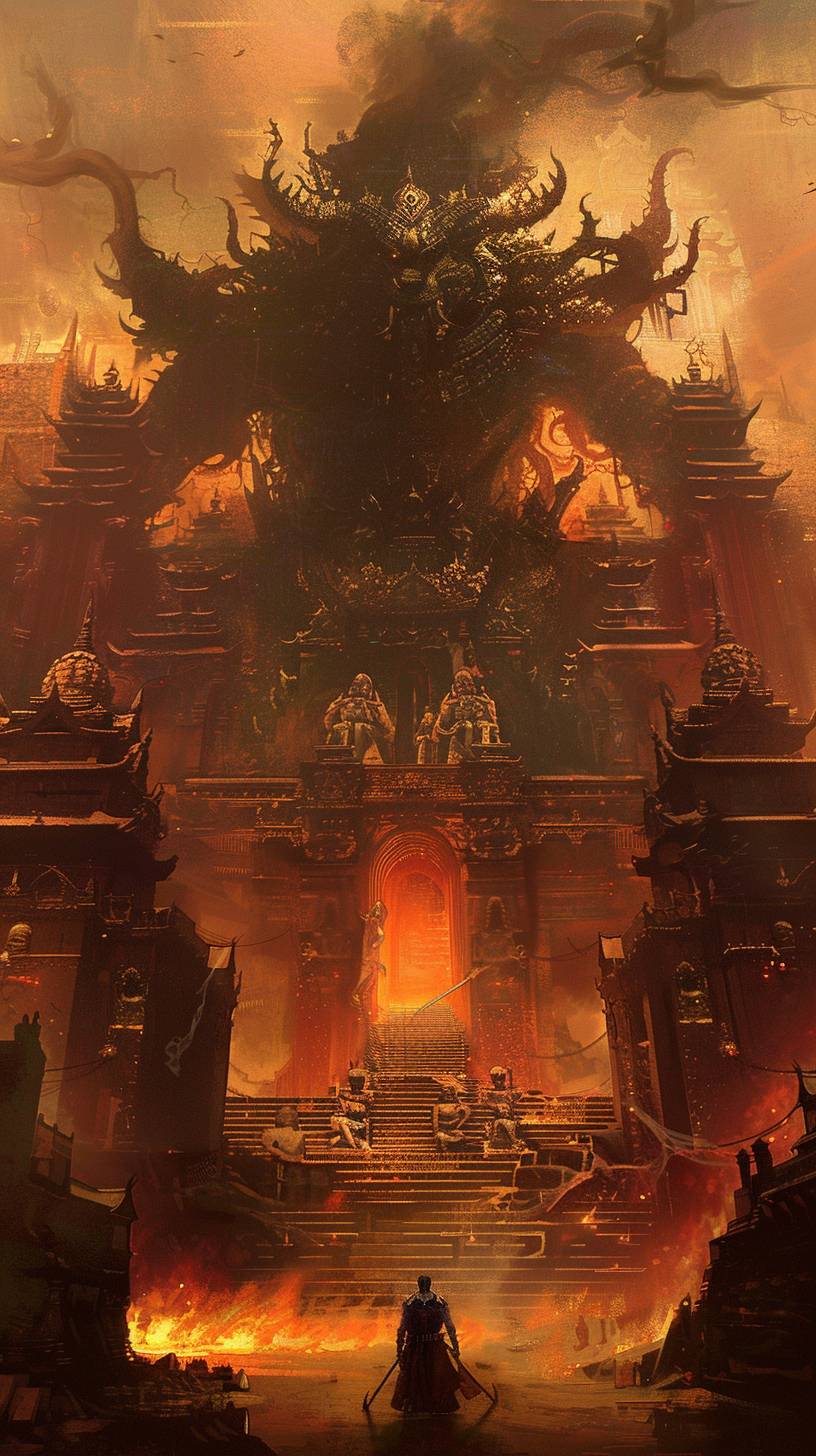非常に背の高い悪魔が暗い城で階段を上る様子と、多くの神々と仏陀に囲まれた画像、朱色と暗いオレンジ色の異世界のスタイル、壮大な廃墟、大規模で静かなビジュアル、壮大な肖像画