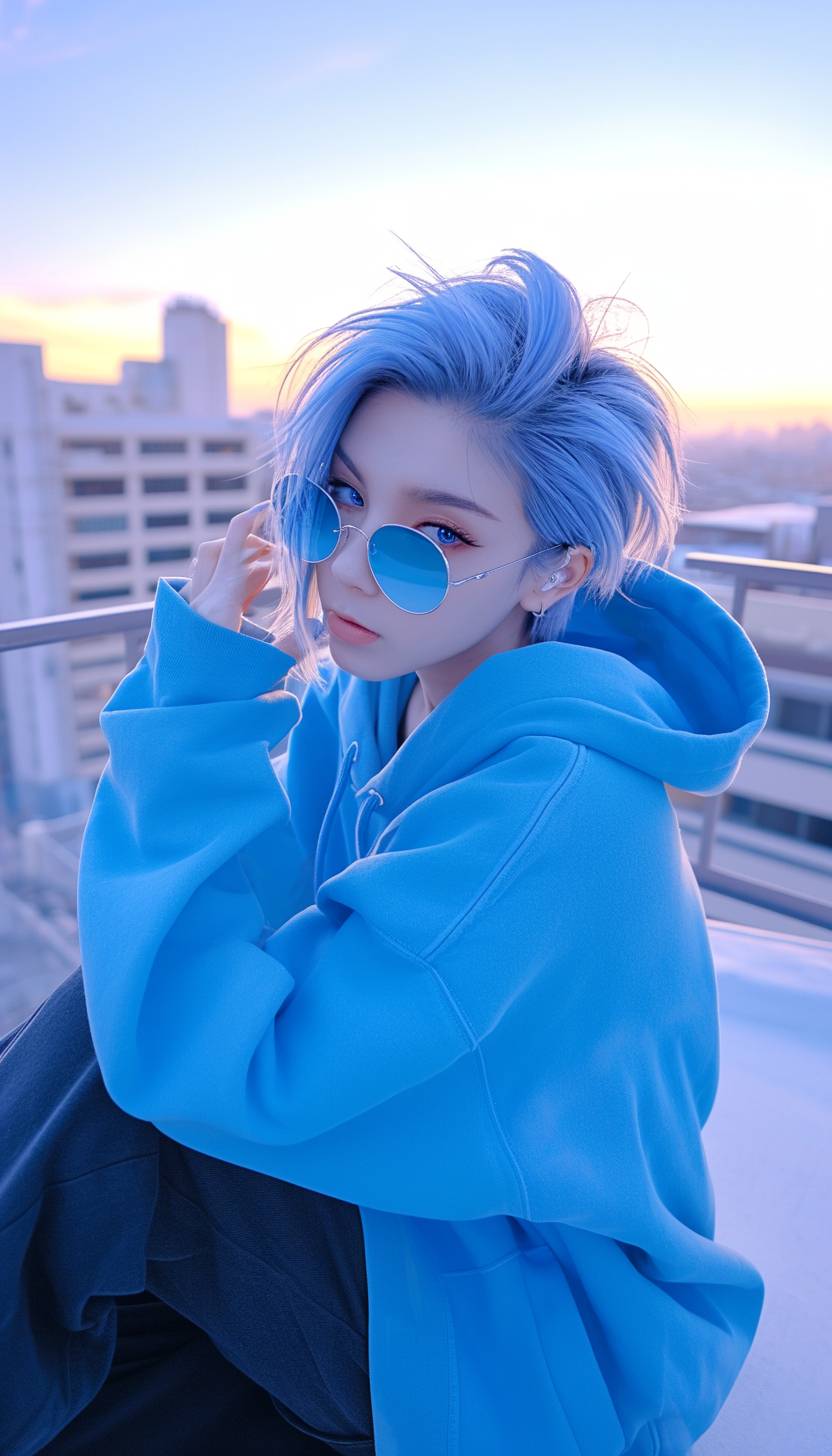 A photo of a blue-haired Instagram model wearing a blue hoodie. She is strong and wearing blue sunglasses. She is on a rooftop during the blue hour, with short hair.