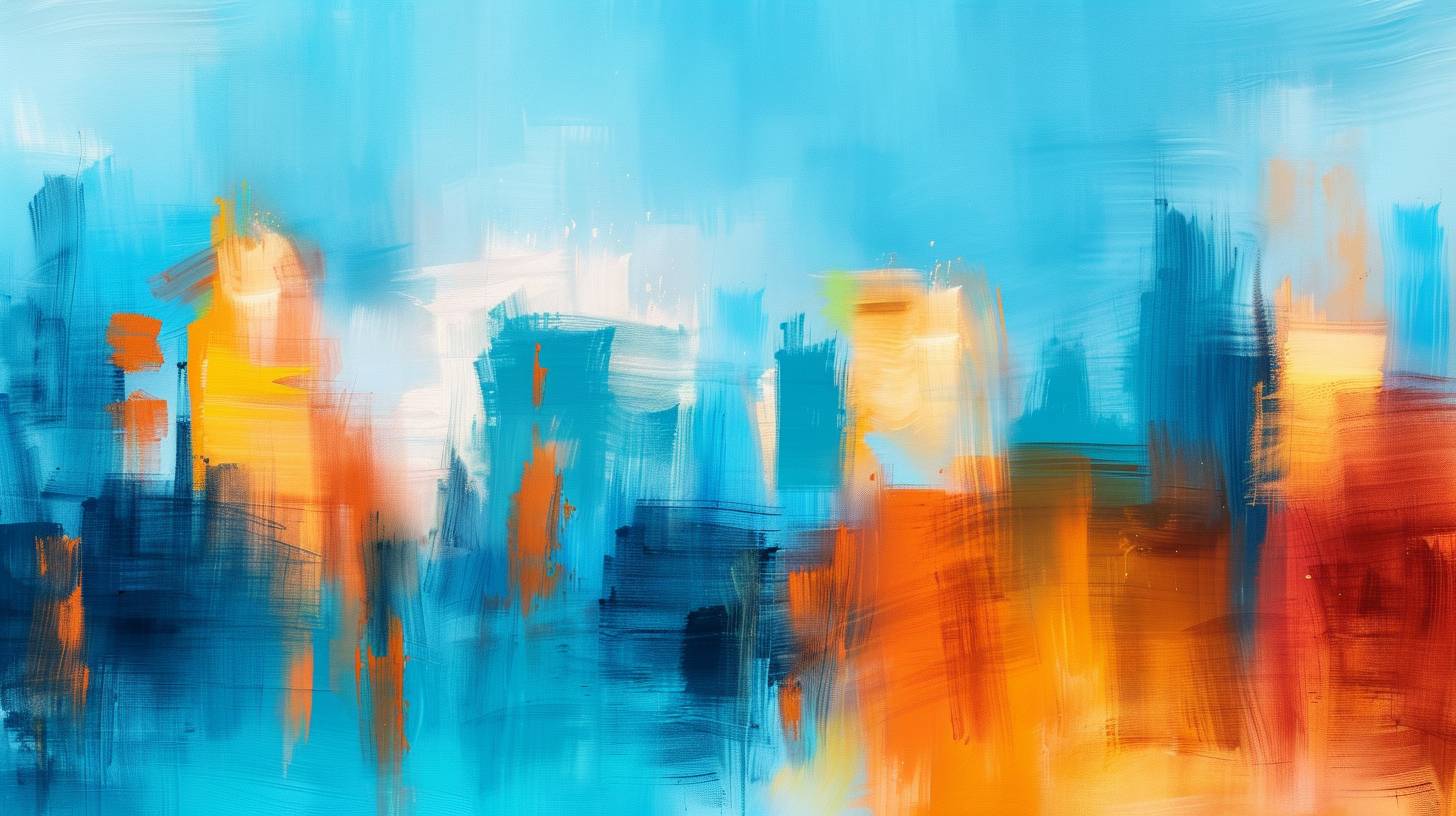 An abstract painting of a cityscape with colors of blue and orange, soft brush strokes with blurred edges, a light sky background, oil on canvas with vibrant colors, a contemporary art style, brushstrokes in the style of impressionism, an urban landscape depicting a city skyline with skyscrapers and abstract shapes representing modern architecture, skyscraper lights and bustling streets conveying vibrant life in big cities