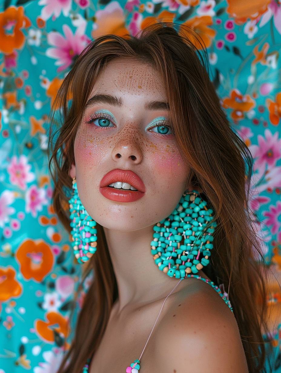 A beautiful girl with makeup and turquoise earrings made of beads stands against a background of psychedelic floral patterns. She has pink lips, turquoise eyes, white skin, and long brown hair. The photograph captures her with perfect lighting.