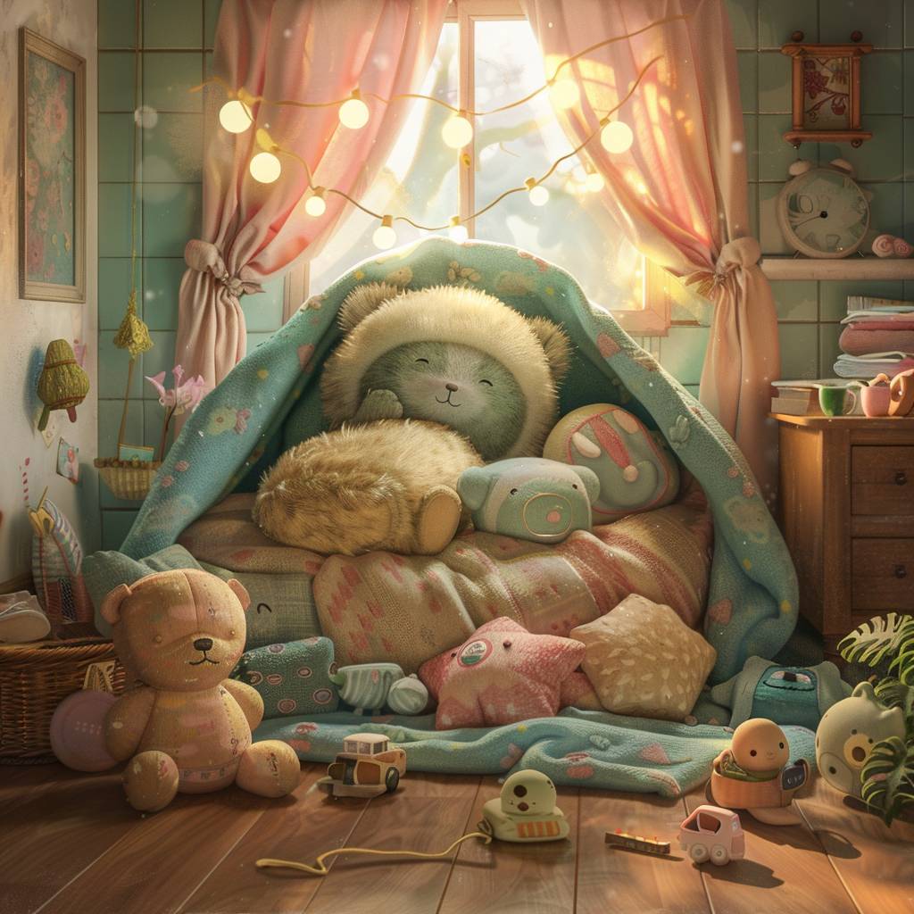 The [SUBJECT] in 'Fuzzy Feelings', wrapped in a soft, [COLOR1] pastel-colored blanket, surrounded by clusters of plush, [COLOR2] overstuffed toys and cushions in an inviting, cozy corner --v 6.0