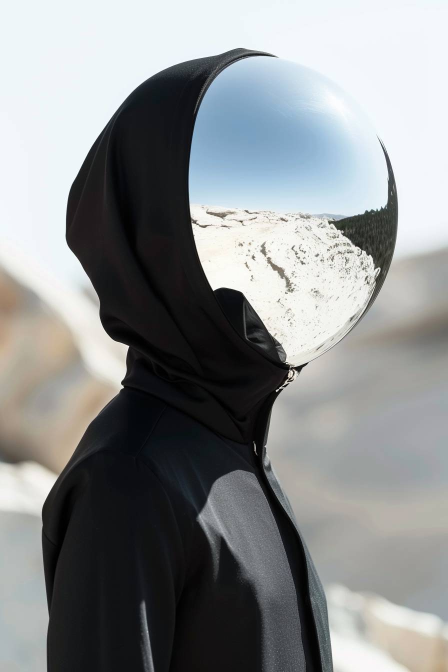 黒いストリートウェアを着た男性が、反射クロムの滴で頭を覆っており、未来的な鏡面反射、白い背景、砂漠の夕暮れ時、柔らかなライティング、ウルトラ写実的、35mmフィルムで撮影されたRAWイメージです。