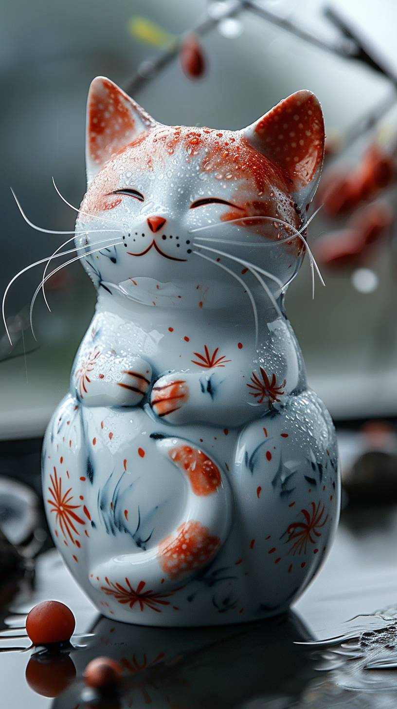 A cute cat made of Chinese porcelain, ceramic material, real reflection, contemporary art, Chinese style, Chinese ink wash style, product photography, dark gray gradient background, studio lighting
