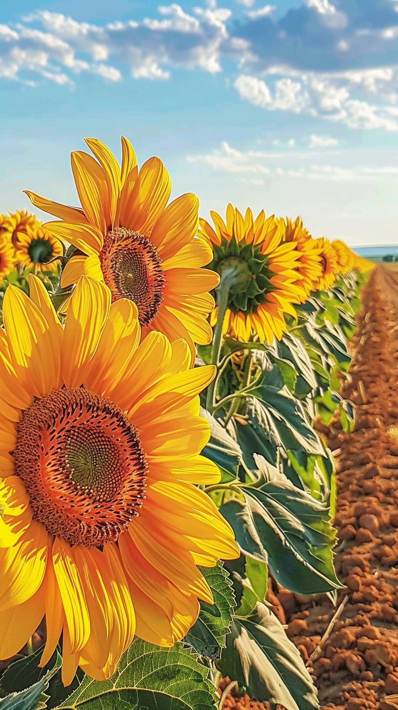 A field filled with rows of blooming sunflowers. The vibrant yellow petals contrast with the blue sky above. In the style of a summertime photograph.
