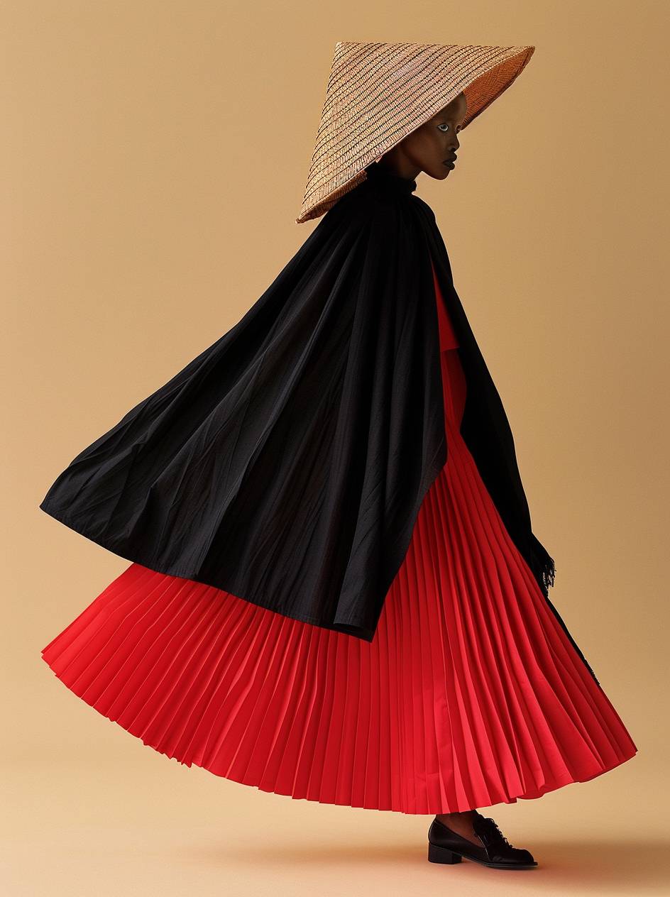 ファッション雑誌の表紙用にミニマリストスタイルのファッション写真、モデルはオーバーサイズの黒いケープと赤いプリーツスカートを着用し、麦わらで作られた円錐形の帽子を被ってランウェイを歩いており、ファッションポーズで前を向いています。背景は一色でスタジオライティングを使用し、ハッセルブラッド X2D 100C スタイルでLomography カラーネガティブ F476/30 フィルムを使用して超リアルな質感と粒子のあるテクスチャを捉えています。