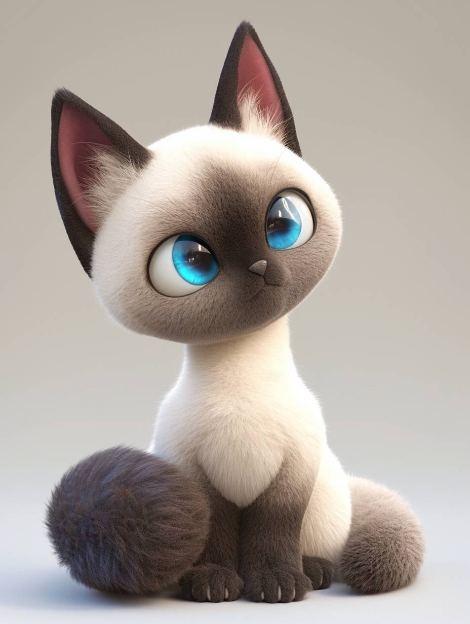 3D rendering of a Siamese cat in a cartoon style, created using C4D software. The cat has short hair and key colors on its face and paws. It features soft hair all over its body and is designed to look like a plush toy. The background is a simple gray and white clean background. The artwork is a full body shot, done in a minimalist style, resembling a Q version illustration.