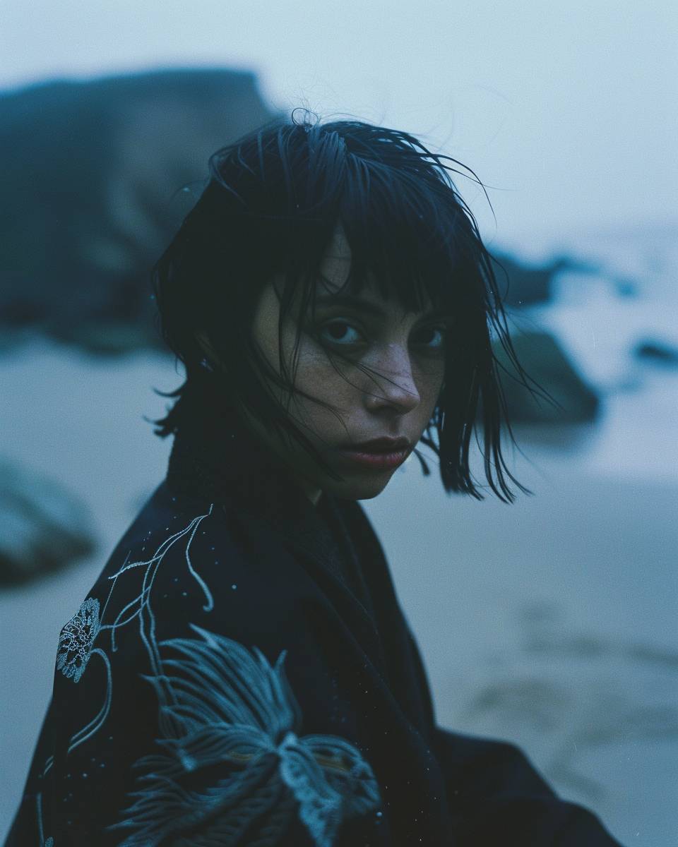 A photograph of a young adult Asian woman with short black hair, wet hair look, intense gaze, wearing a black embroidered kimono, sitting on a sandy beach with rocks in the background, overcast lighting, cinematic atmosphere, high resolution, film grain effect