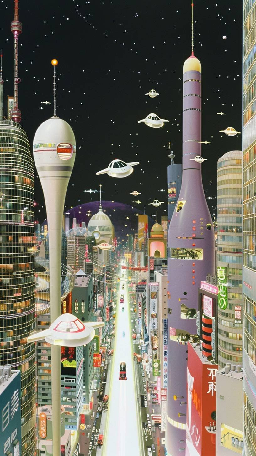 高層ビルと飛行車がネオンライトの街を縦横無尽に走る未来都市風景、紫色の異星の惑星を背景とする。