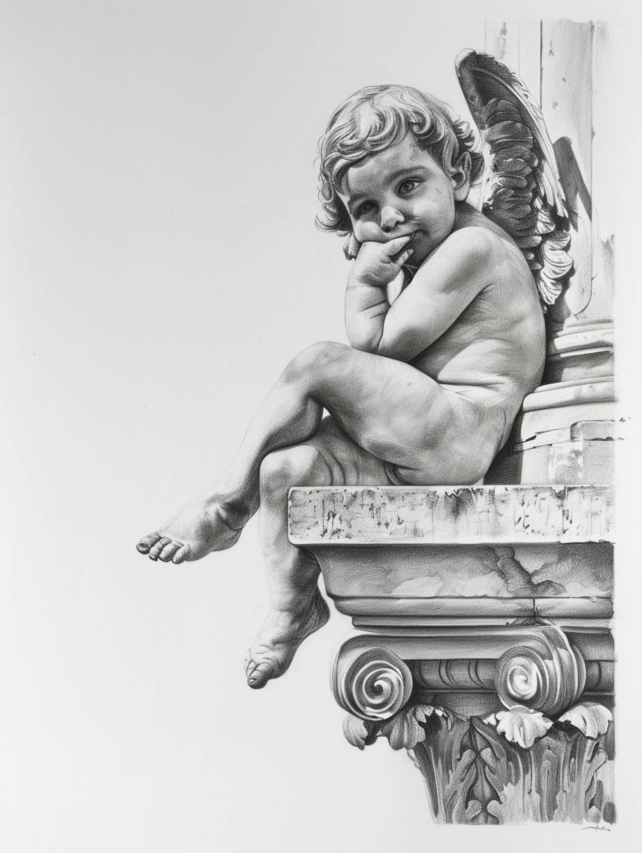 Black and white realistic drawing style with white background. I want to represent the image of an angelic looking ''MARBLE'' child angel statue with wings doing shh with its index finger. black and gray pencil drawing.