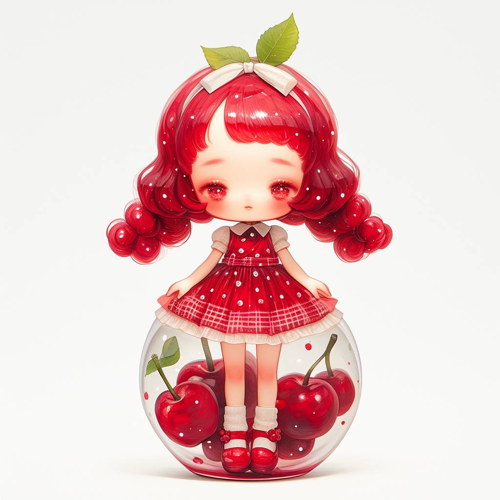Full body, A high transparent resin toy of an adorable trendy lively baby cherry girl, The figure is painted in transparent and cherry red gradient, cute hair, chibi, Her head was designed to have round proportions similar, with a detailed character design, Isolated against a white background.