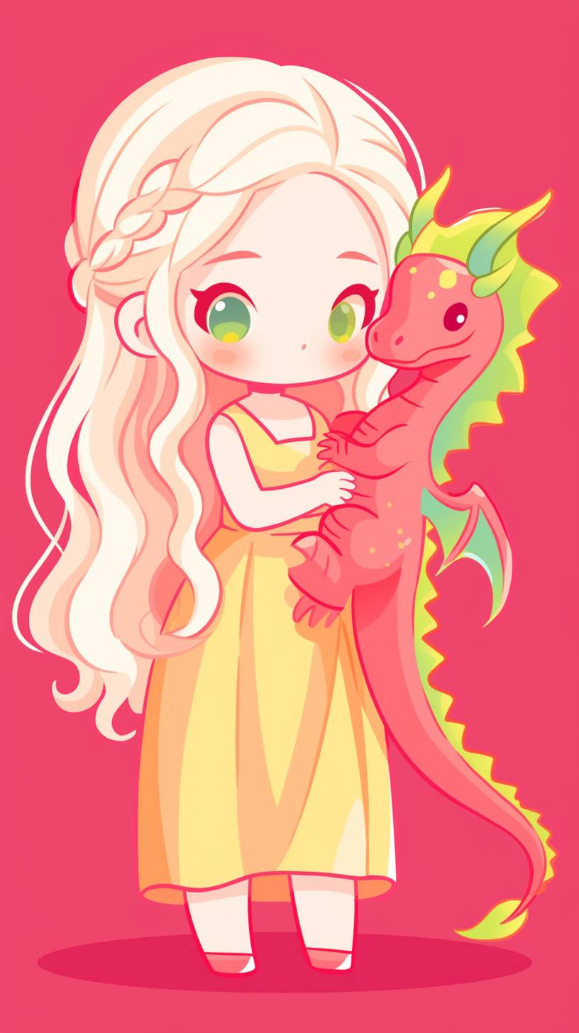 A simple drawing of [Daenerys Targaryen with her dragon], in the style of Allie Brosh with simple lines, flat colors and a stick figure, minimalistic, simple background