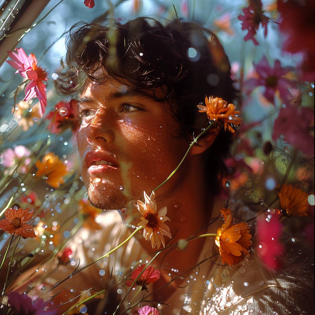 An 18-year-old handsome male model sat in the car, smiling, surrounded by flowers, art by Rinko Kawauchi, in the style of naturalistic poses, low angle, youthful energy, body extensions, analog film, super detail, dreamy lo-fi photography, colourful, volumetric lighting, shot on kodachrome, shot on fujifilm XT4, rich in detail, 8k ar 3:4