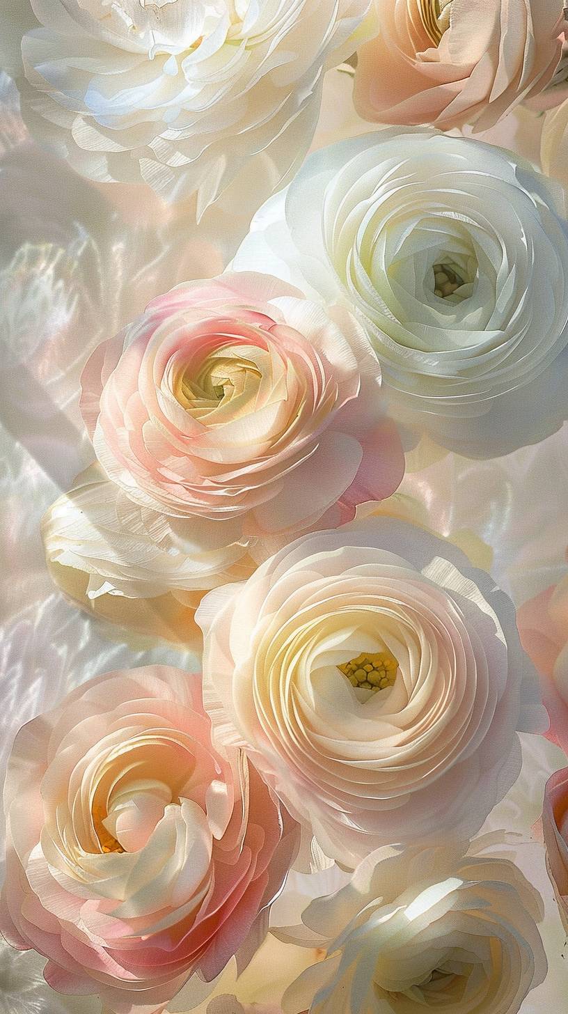 Ranunculus, bright and shiny background, transparency, gold, white, light pink, sparkling cherry petals dancing, artwork by Jeffrey Catherine Jones