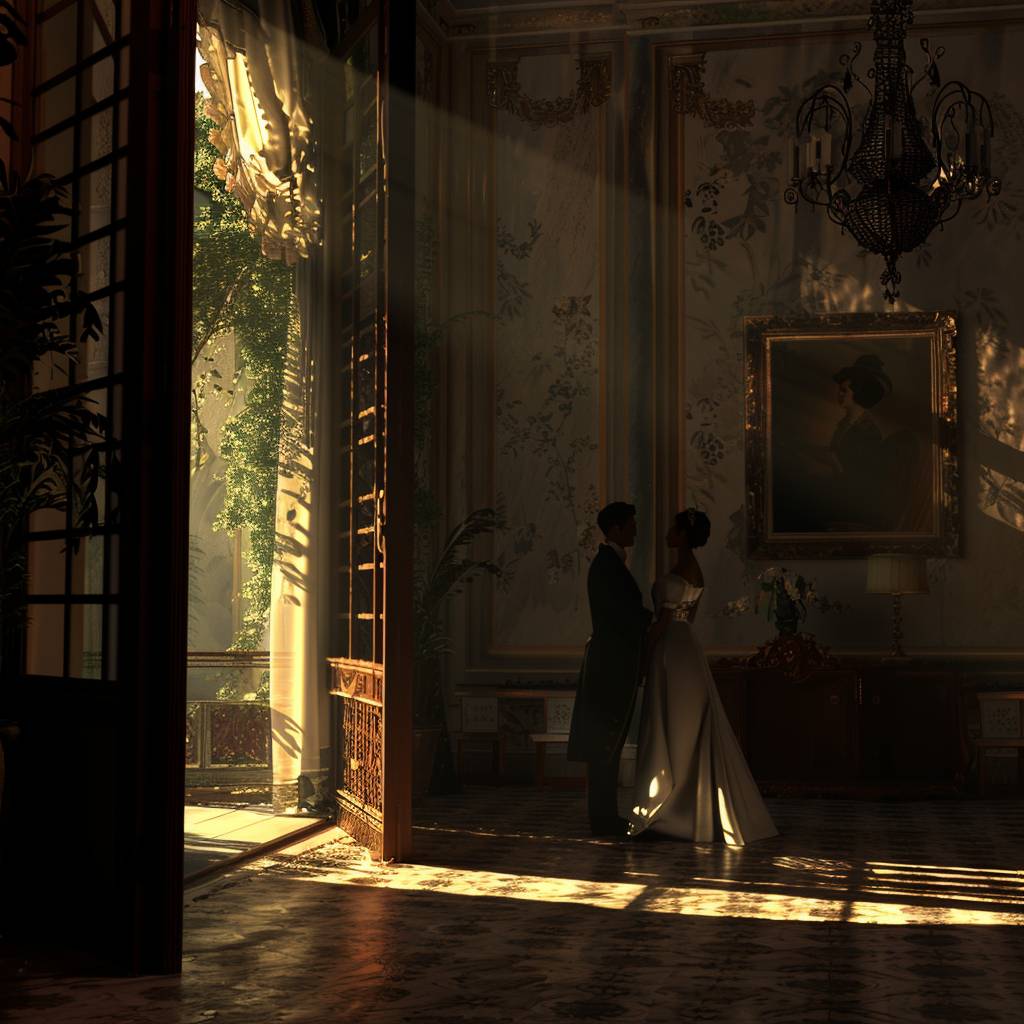 Cinematic scene from romantic movie. Shadowed lighting