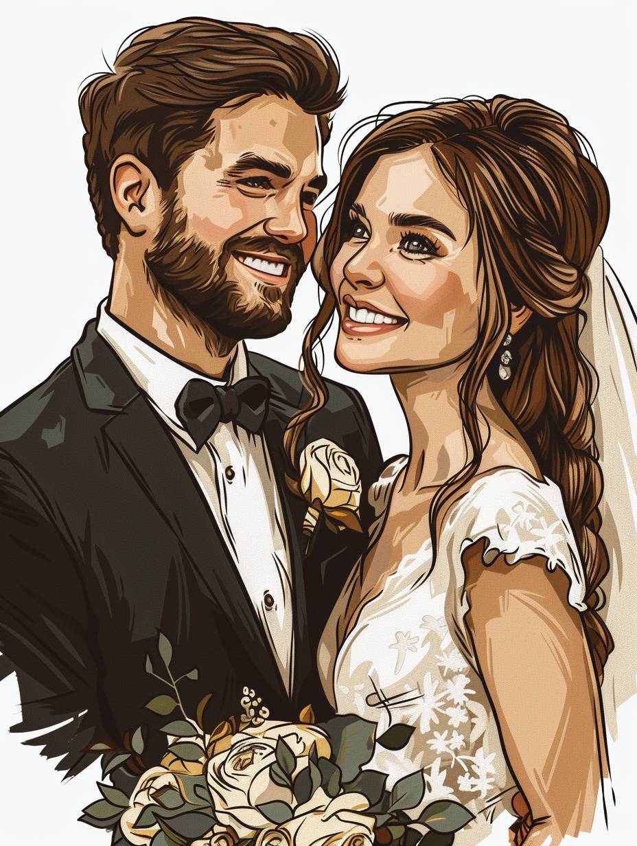 Modern Line Icon, a wedding drawing that shows the groom and bride, full body, Cute Avatar, Smiling, Bold Outline, Bold Color, white background