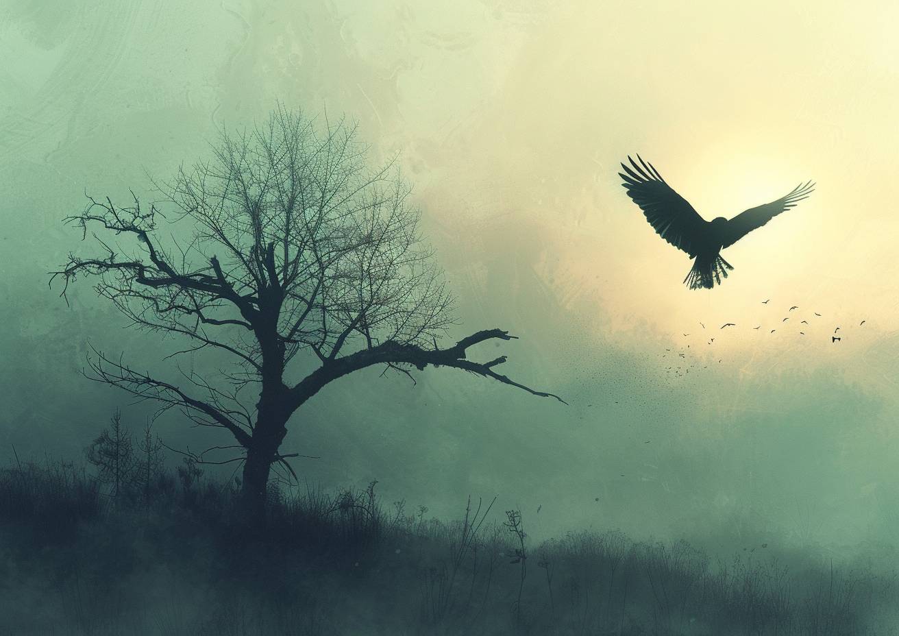 ミニマリスト風景、鷹が枯れ木から飛び立つ、翼が光を受けて輝く、アポカリプスコア