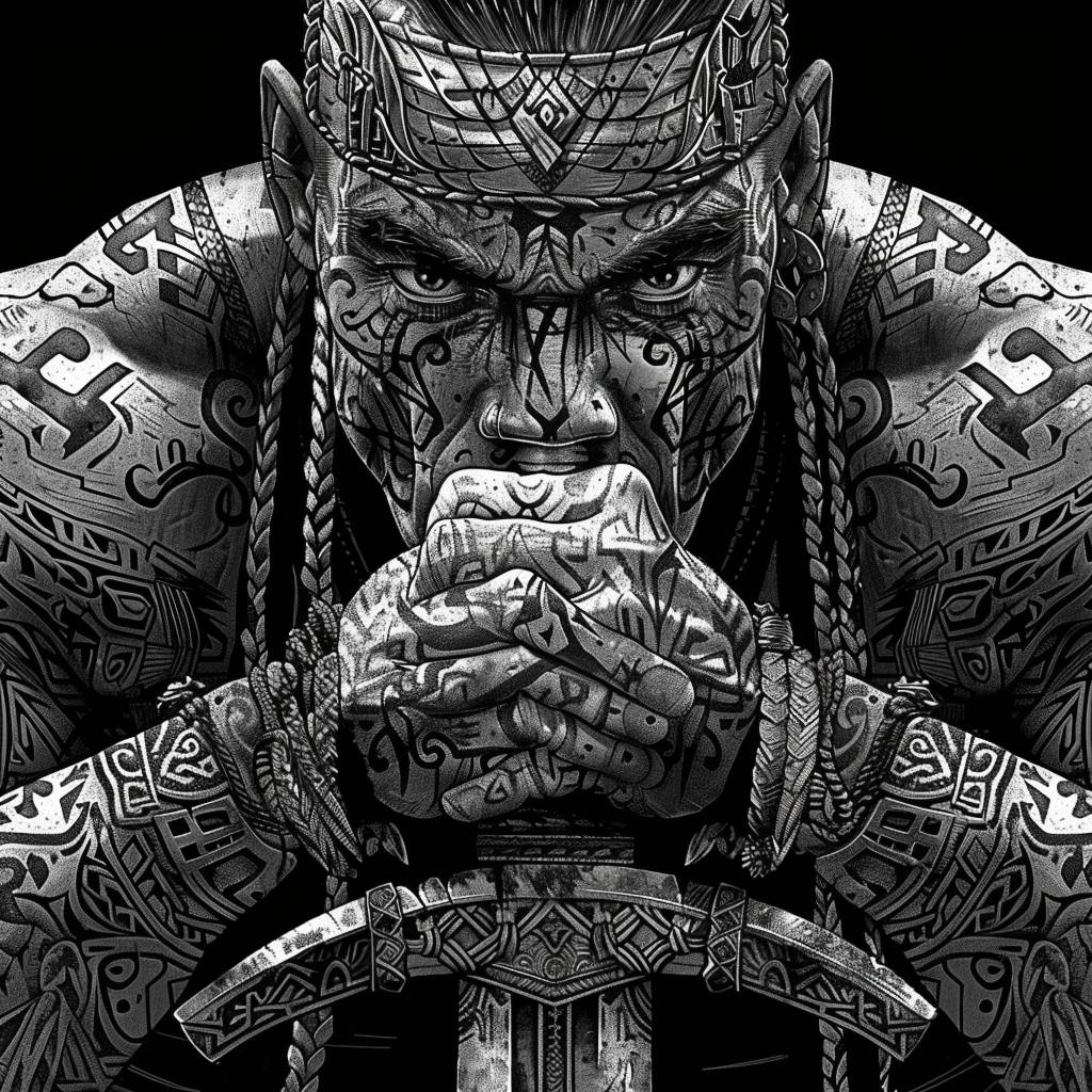 Black and white vector illustration of a fierce warrior with tribal tattoos, wearing a headband with his hands gripping a sword, determined eyes, intricate patterns on skin, 3D grid lines, hyperdetailed, high contrast, high resolution, cinematic lighting