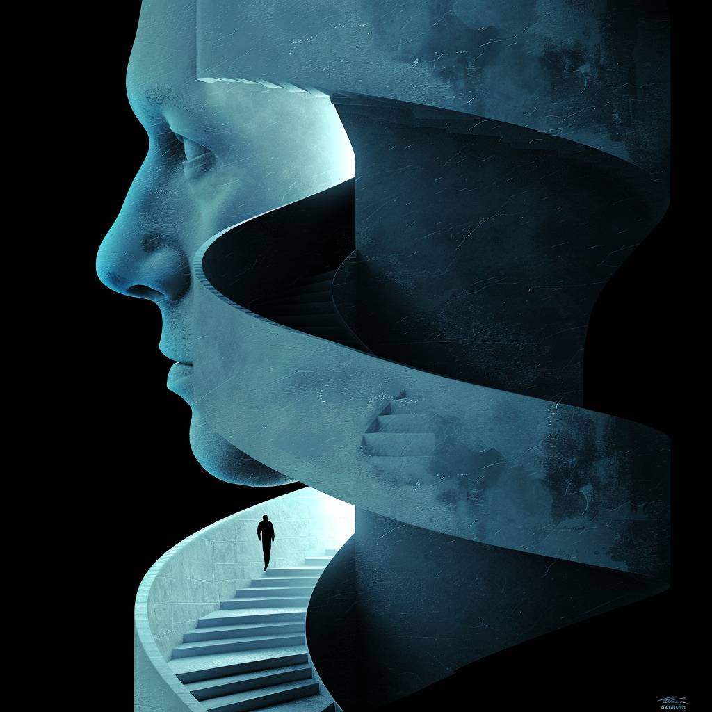 Create a digital artwork featuring a sculptural silhouette of an old man's head with an open mind revealing stairs inside. A lone figure is seen ascending the stairs, symbolizing personal growth. The scene is set against a stark black background with minimalistic design elements. Illuminate the piece with blue-white gradient lighting for a surreal effect. Ensure the artwork is in sharp focus, with a surreal, ethereal atmosphere.