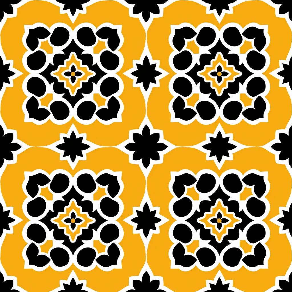 Arabesque seamless pattern, yellow and black, minimal, flat, line art style