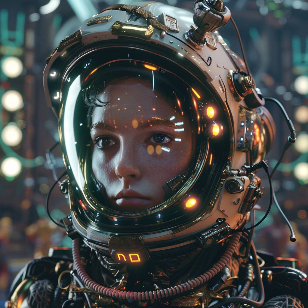 The player is wearing an astronaut helmet in the style of cyberpunk dystopia, 32k UHD, womancore, bronze and amber, dreamlike settings, gorecore, Ivan Albright-AR 107:53 -v 6.0