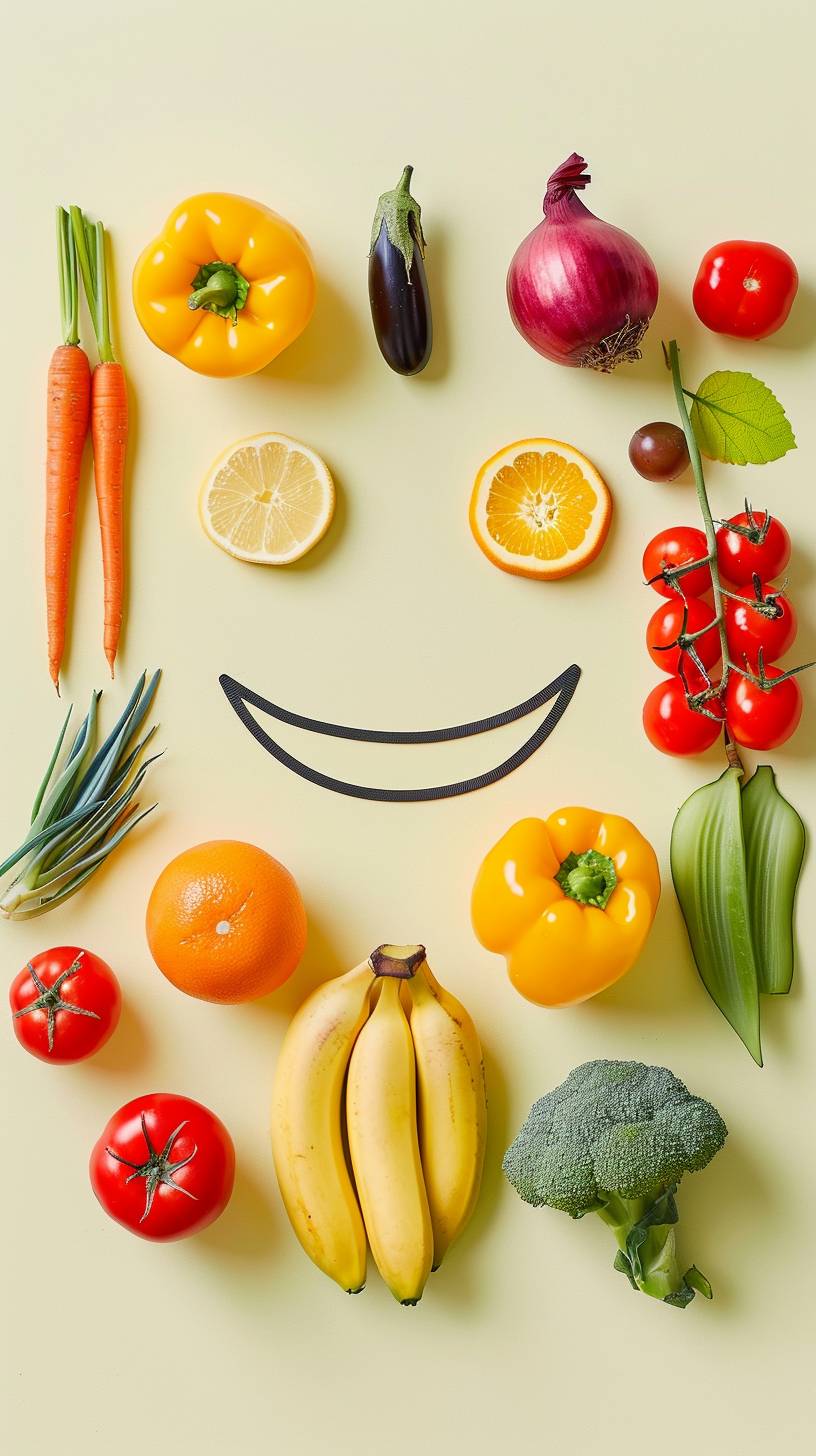 Knolling that creates a smiley face of fruit and vegetables, minimalist, pale yellow background