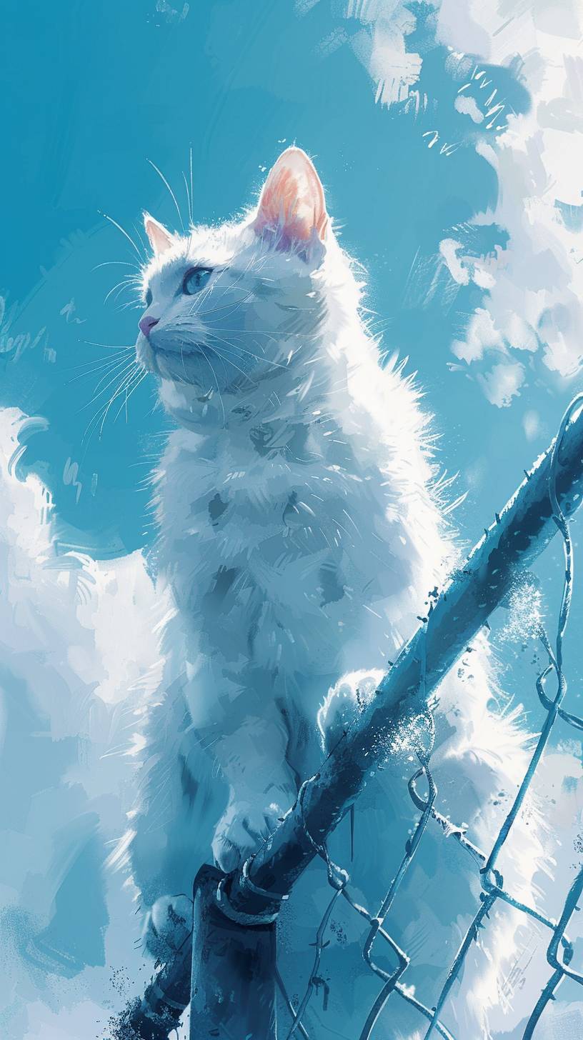 Cat, full body, realistic, walking on the fence, blue sky, Japanese style fantasy, pale watercolor, bright image, Yoshitaka Amano, minimalist