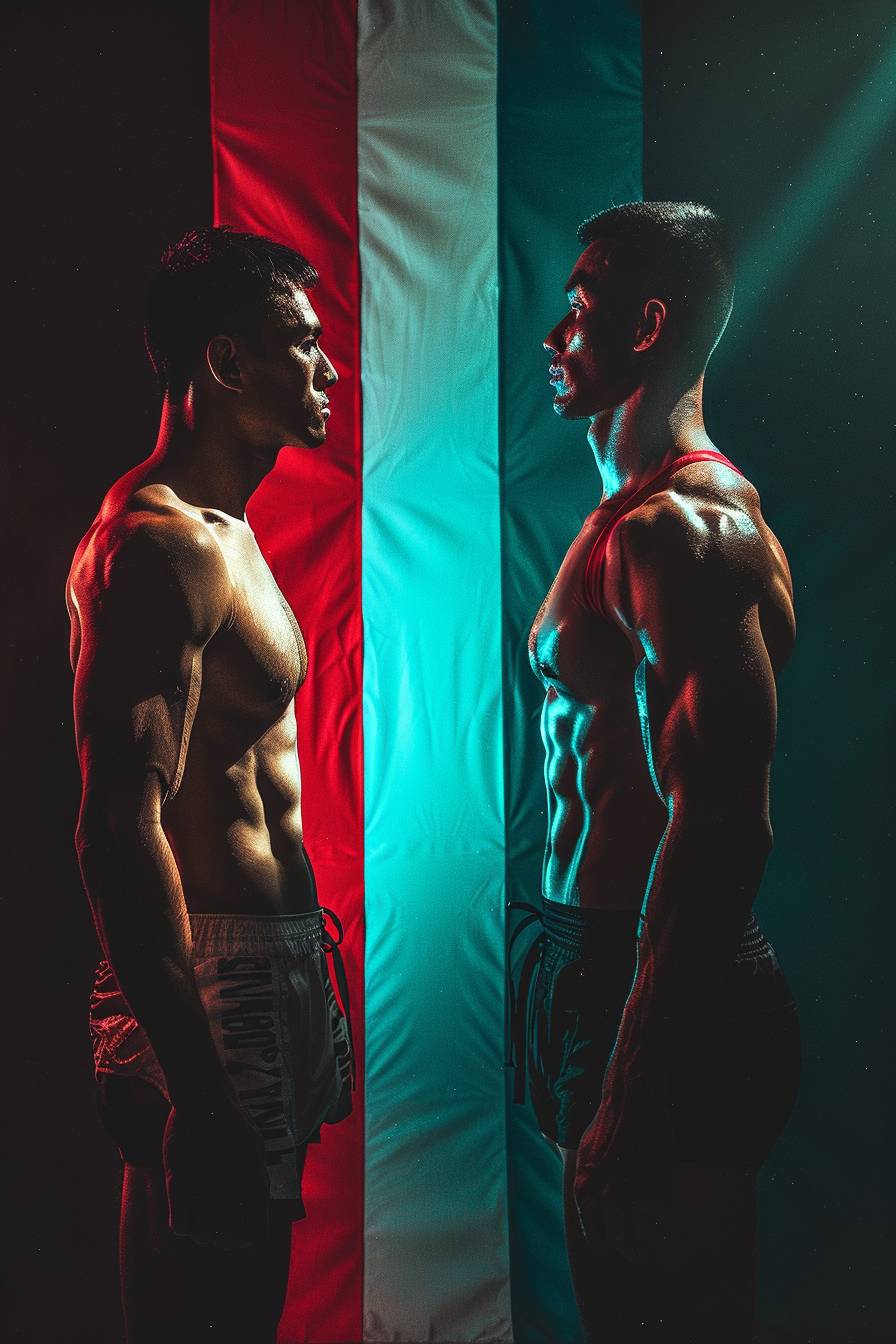 Split view of fighter athletes. Dramatic lighting, subdued colors