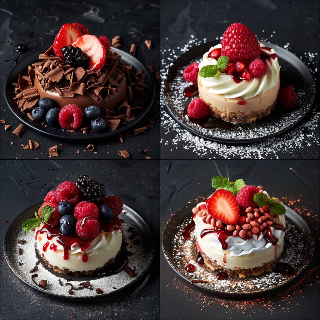 Four split panel photography of different desserts for a menu, food, dessert, healthy eating and diet concept, food photography, cinematic, realistic, studio lighting