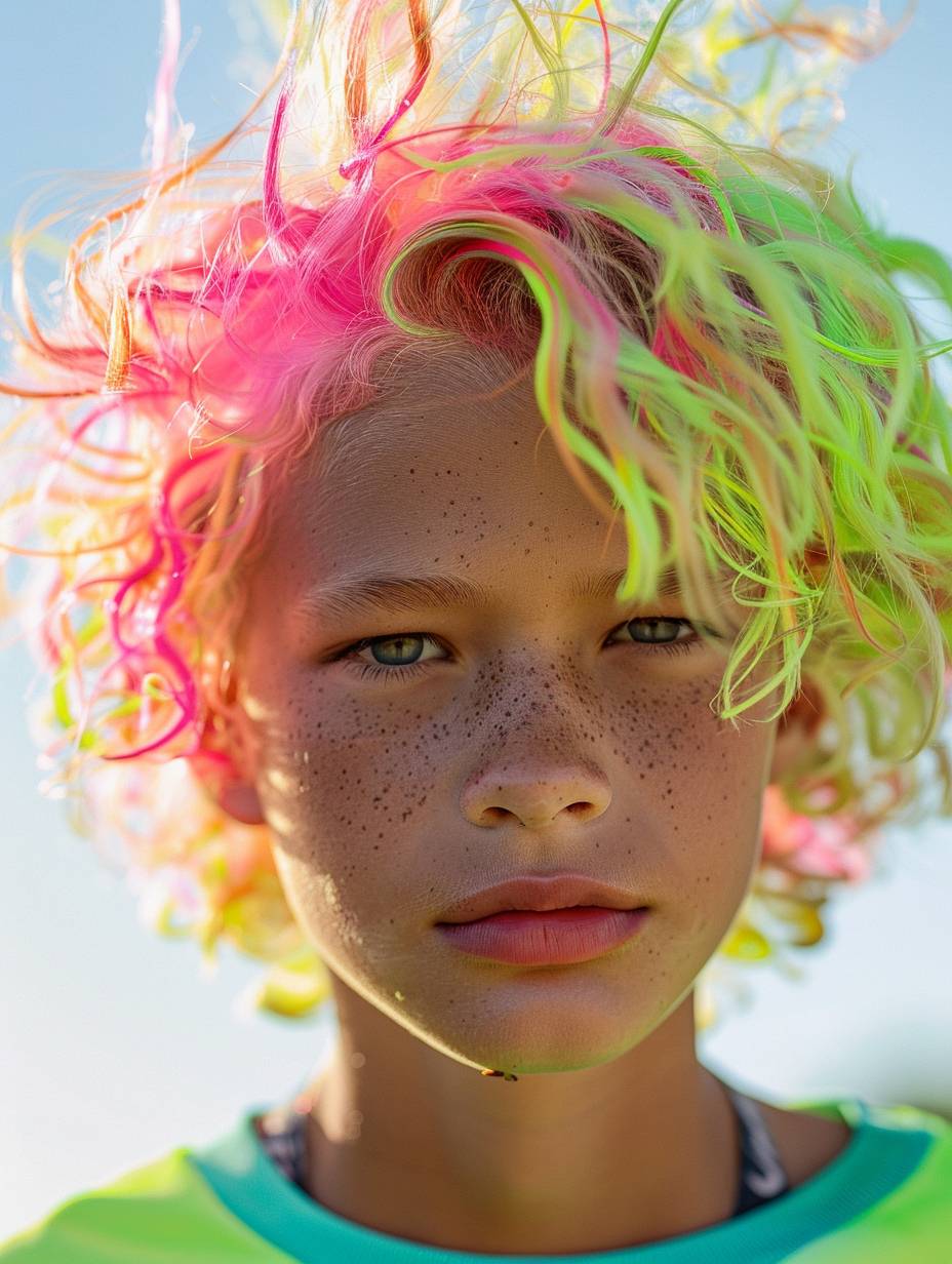 Realistic photo: a 10-year-old white boy in a fun outdoor scene. Neon pink and neon green high fashion color clothes and colored hair.
