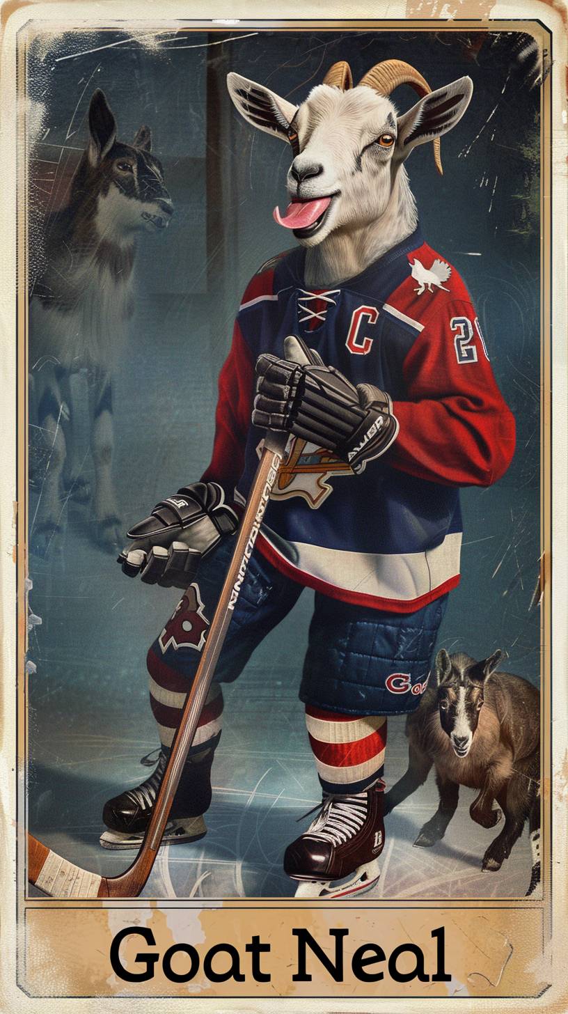 An upper deck hockey player card of a goat with his tongue sticking out in hockey gear holding a hockey stick. The nameplate at the bottom reads 'Goat Neal'