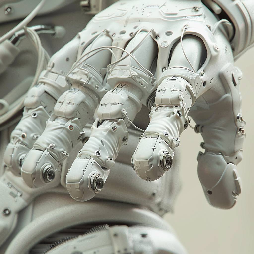 Digital Sculpture of Examine the ergonomic design features of spacesuit gloves, focusing on how engineers balance the need for dexterity and tactile feedback with the requirement for durability and protection against abrasive surfaces and sharp objects.