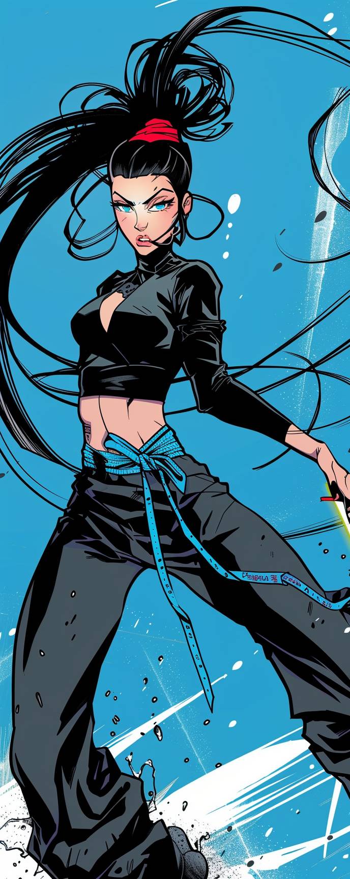 a Kunoichi ninja with odango hair, striking a dynamic fighting pose