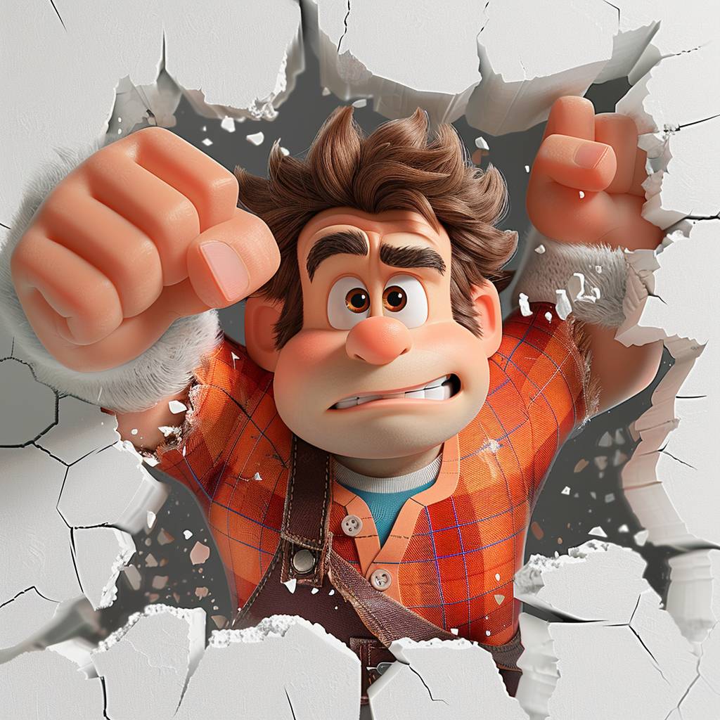 front view, closeup shot of wreck-it-Ralph breaking through the white wall, looking directly into the camera, with closed fist, funny face expression, hyper realistic --v 6.0