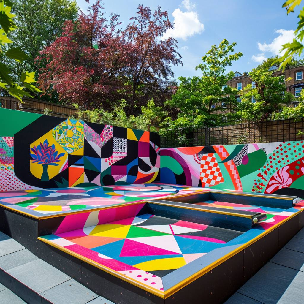 Backyard skatepark with trampolines designed by Morag Myerscough