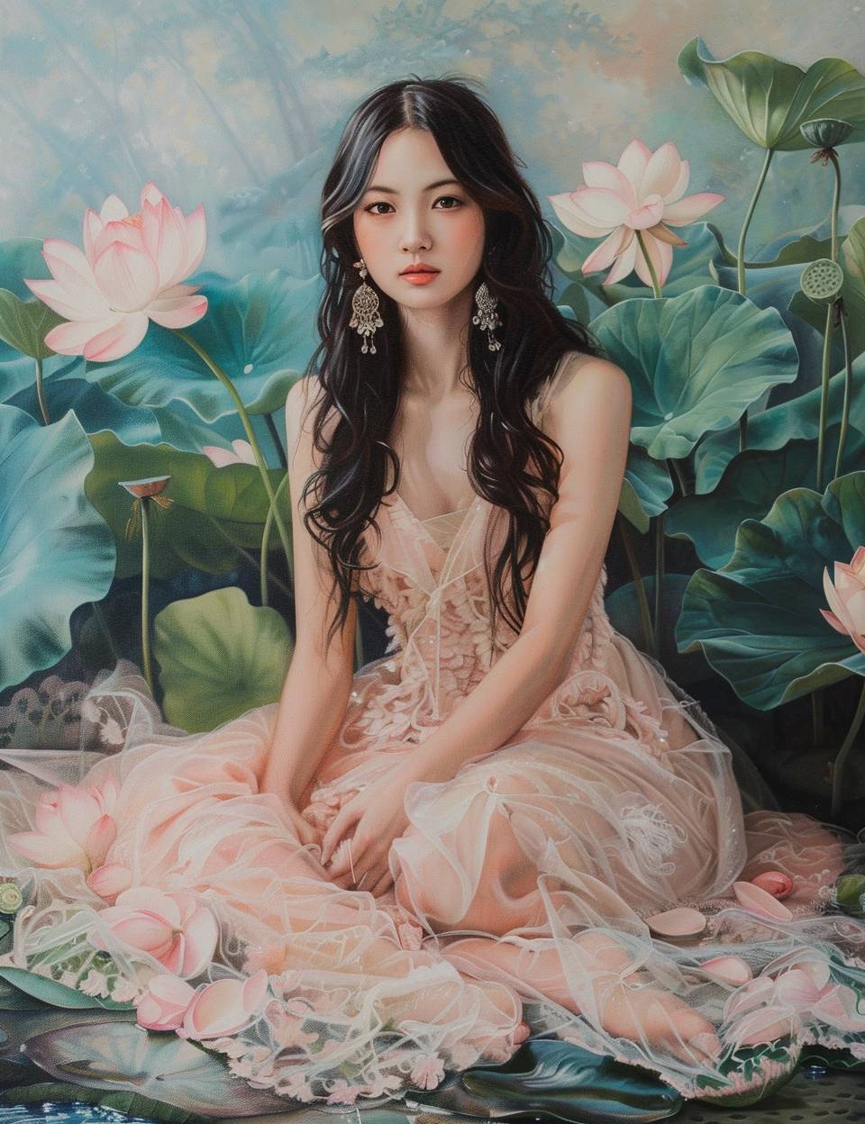 Oil painting, a full body portrait of an Asian woman sitting on the ground in a light pink dress with lotus flowers and leaves around her, wearing delicate earrings and with long hair. The portrait has flowing and soft lines with a fairyland background of a green landscape surrounded by clouds creating a misty feeling. The painting uses oil paint strokes and artistry in the style of Chinese landscape paintings.