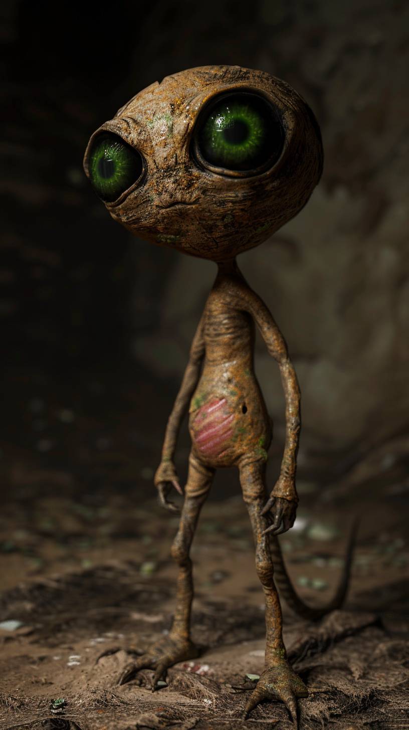 Photo, 4K realism, SCP-173 monster appearance, adorable monster with green eyes on dark background, cute and creepy, head is round like a doll's face, arms and legs are long, skin color is similar to sand in desert area. He has evil-looking pink paint on one eye.