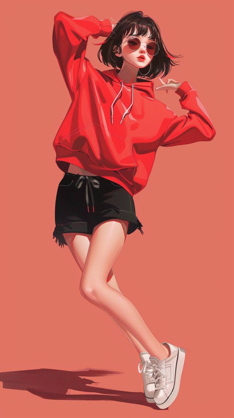 She's doing an over-the-top dance. A girl wearing a red hoodie and black shorts, with short hair and bangs hanging down slightly. She is wearing sunglasses and high-top sneakers on her feet. The background color of the illustration should be light red. In an anime style. A full body shot of the girl in a pose that shows off her legs, in the style of Japanese anime cartoons.