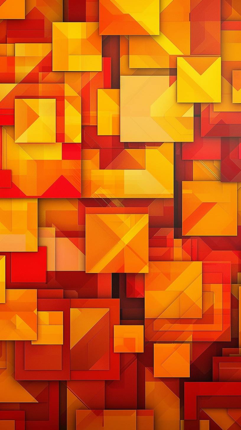 Modern interior design, geometric shapes, overlapping squares, vibrant shades of orange, yellow, and red, playful and energetic color scheme, evokes excitement and enthusiasm, abstract geometric pattern, geometric overlap, clean edges, minimalist style, suitable for modern interior design, vibrant wall art, contemporary room accent, background for creativity and inspiration, illusion of depth by layered shapes, surface that radiates a sense of joy and optimism