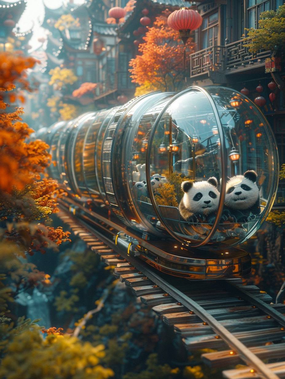 A train made of clear glass, carrying cute pandas, spring, modern city, bright soft colors, soft natural light, 3D rendering miniature, colorful, futuristic, bright sunshine, UE, Sinsing Render, Blender.
