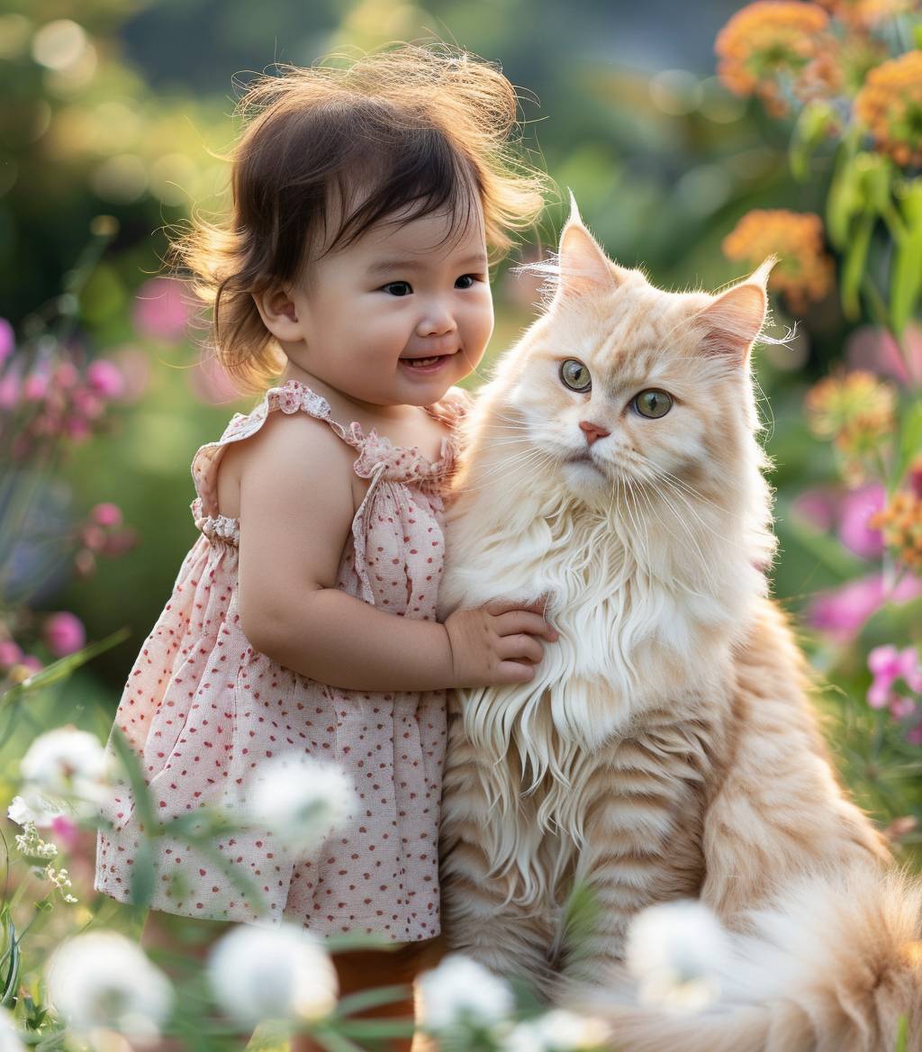 An adorable cute Asian baby wearing a short skirt, standing next to a huge longhaired fat Ragdoll cat with green eyes. The background is a beautiful garden full of flowers. It was shot in high definition using Canon EOS R5 cameras.